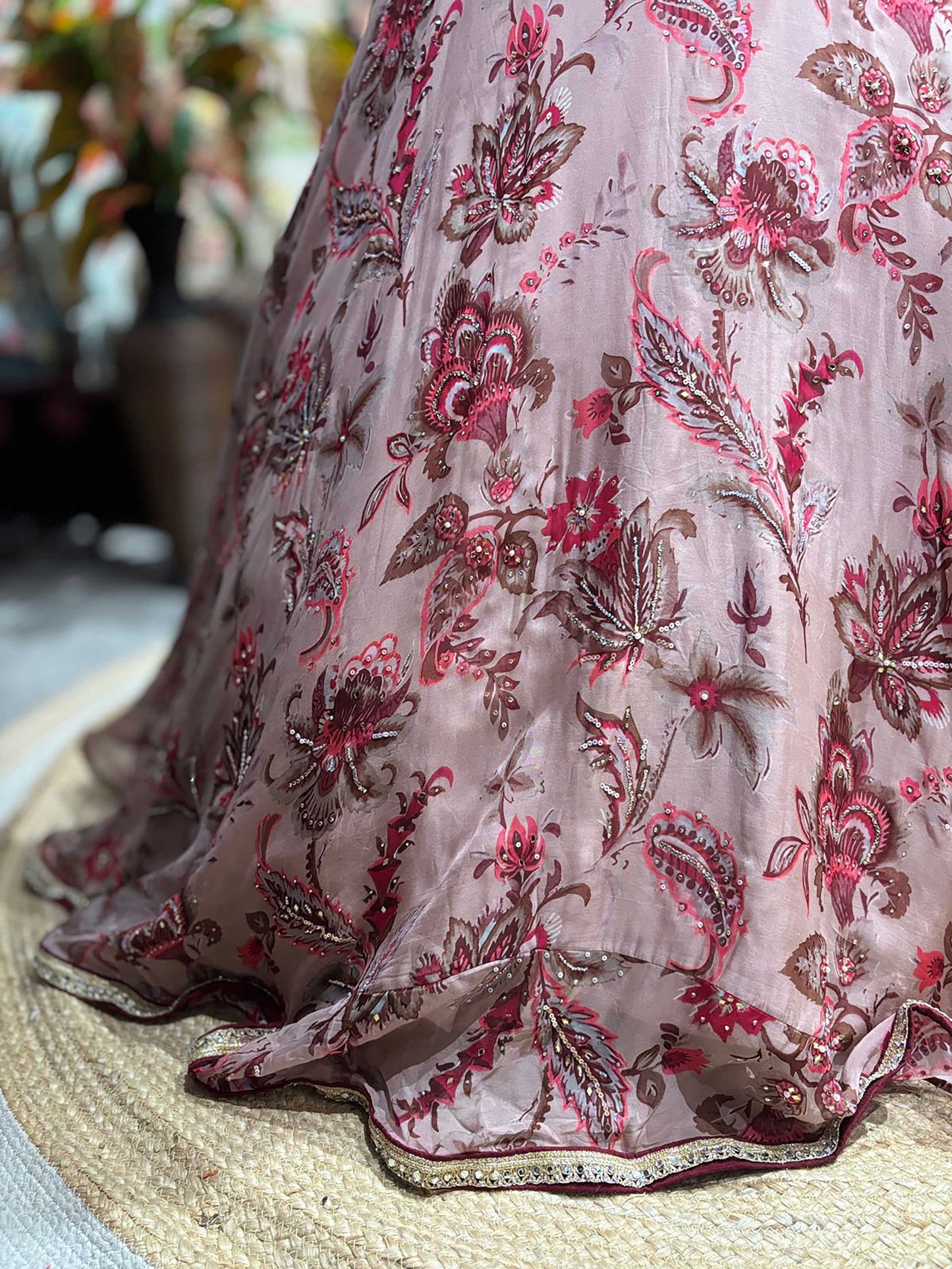 Blush Pink Floral Lehenga with Embellished Blouse & Sheer Dupatta