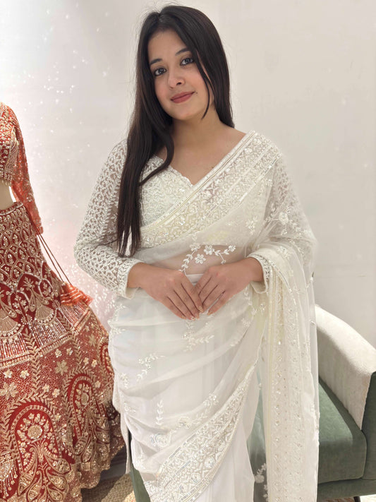 White Organza Saree with Delicate Thread Embroidery & Designer Blouse