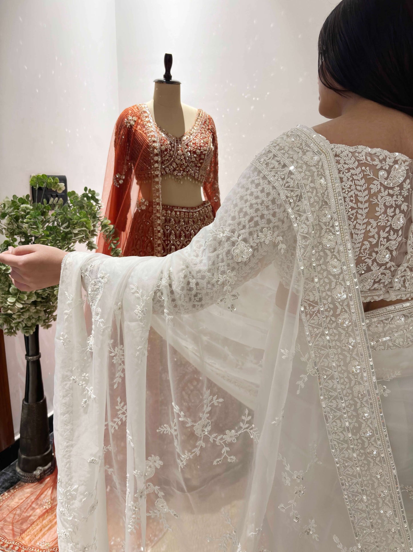 White Organza Saree with Delicate Thread Embroidery & Designer Blouse