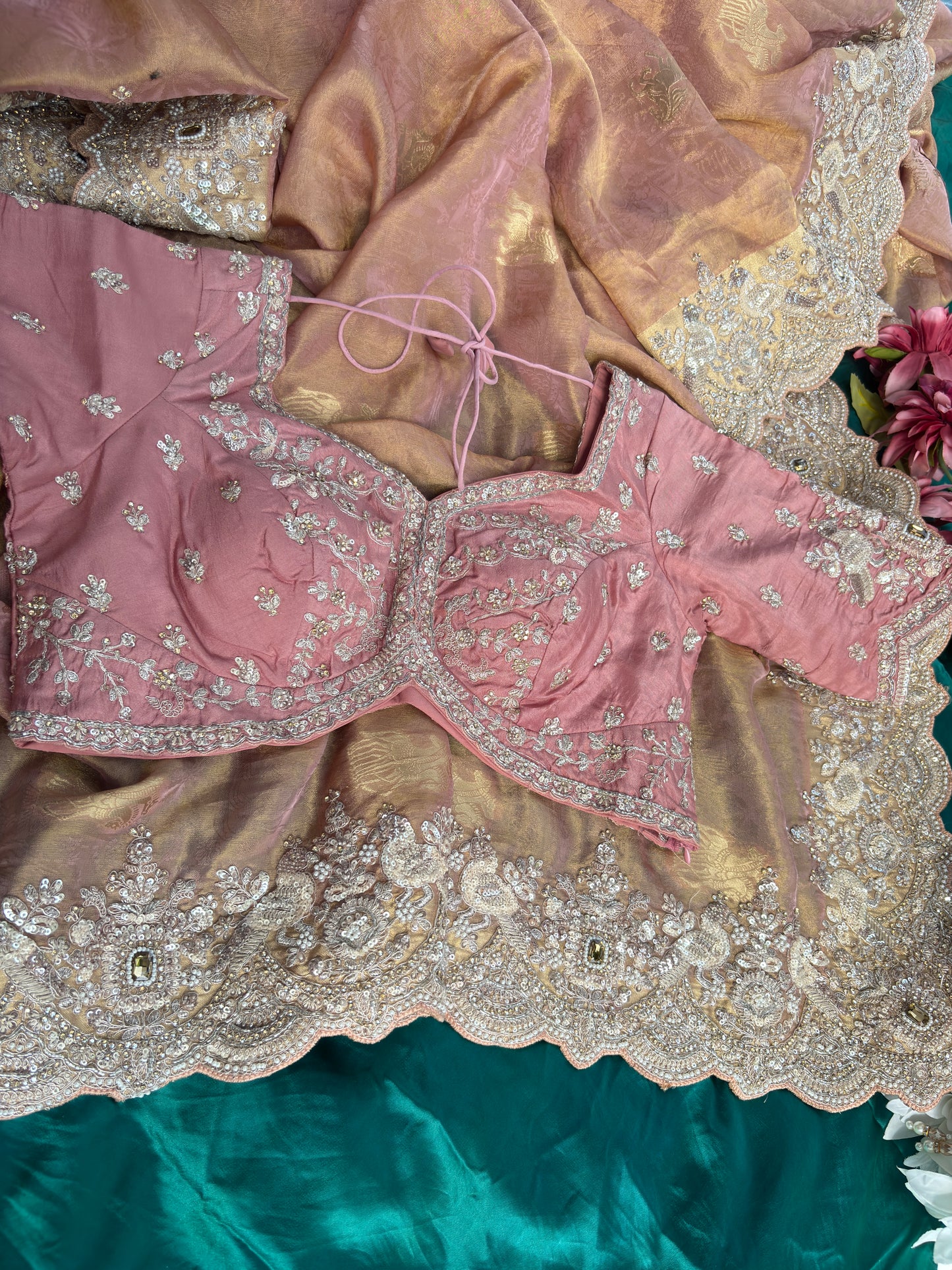 Designer Soft Pink Saree with Golden Paisley Embroidery