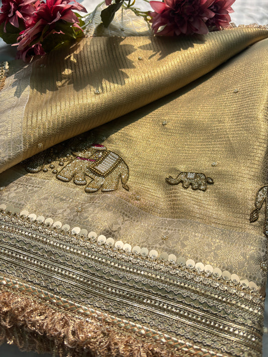 Royal Gold Zari Weave Elephant Motif Festive Saree