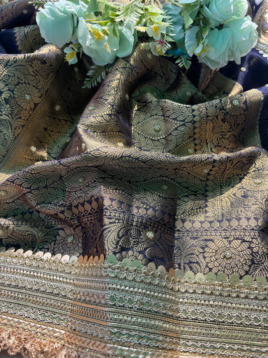 Royal Navy Blue Zari Embroidered Heritage Designer Saree