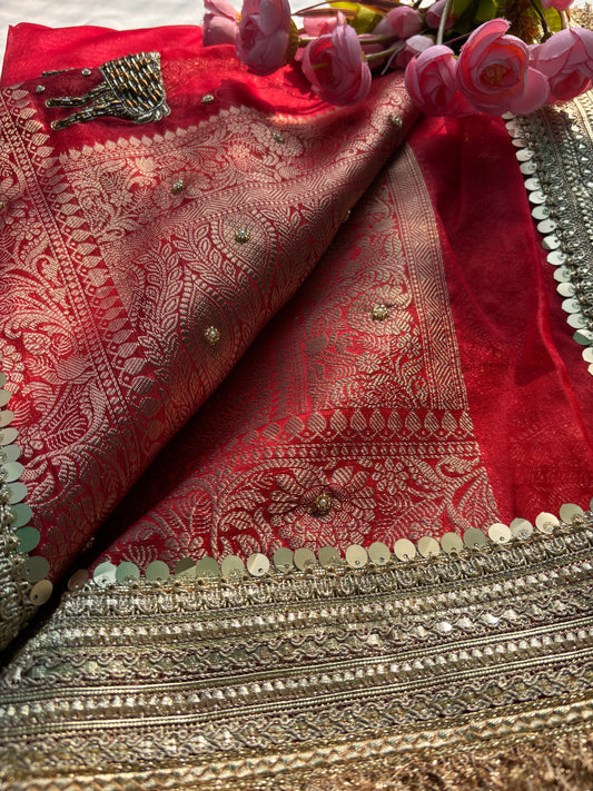 Red Heritage Zari Embroidered Designer Saree with Deer Motif
