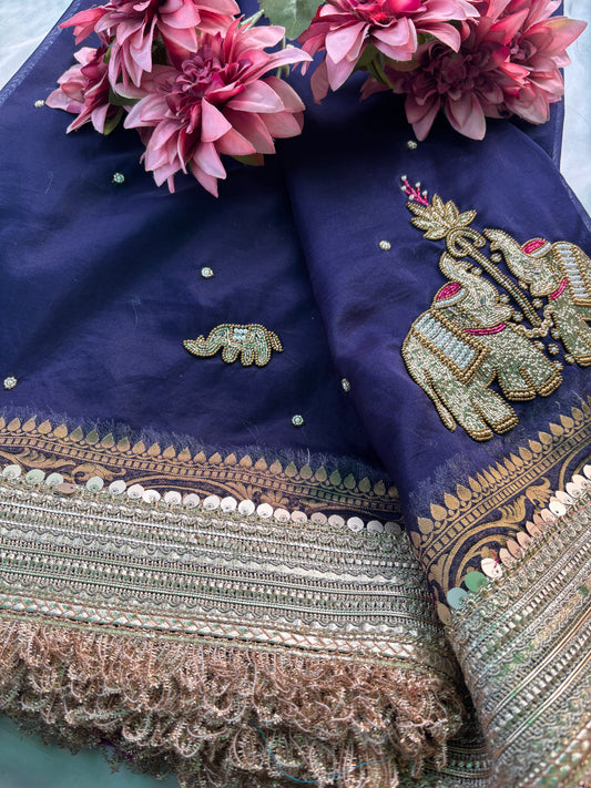 Navy Blue Zari Elephant Motif Festive Saree