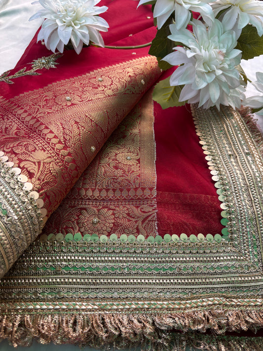 Red Elephant Motif Hand Embroidered Zari Border Designer Saree