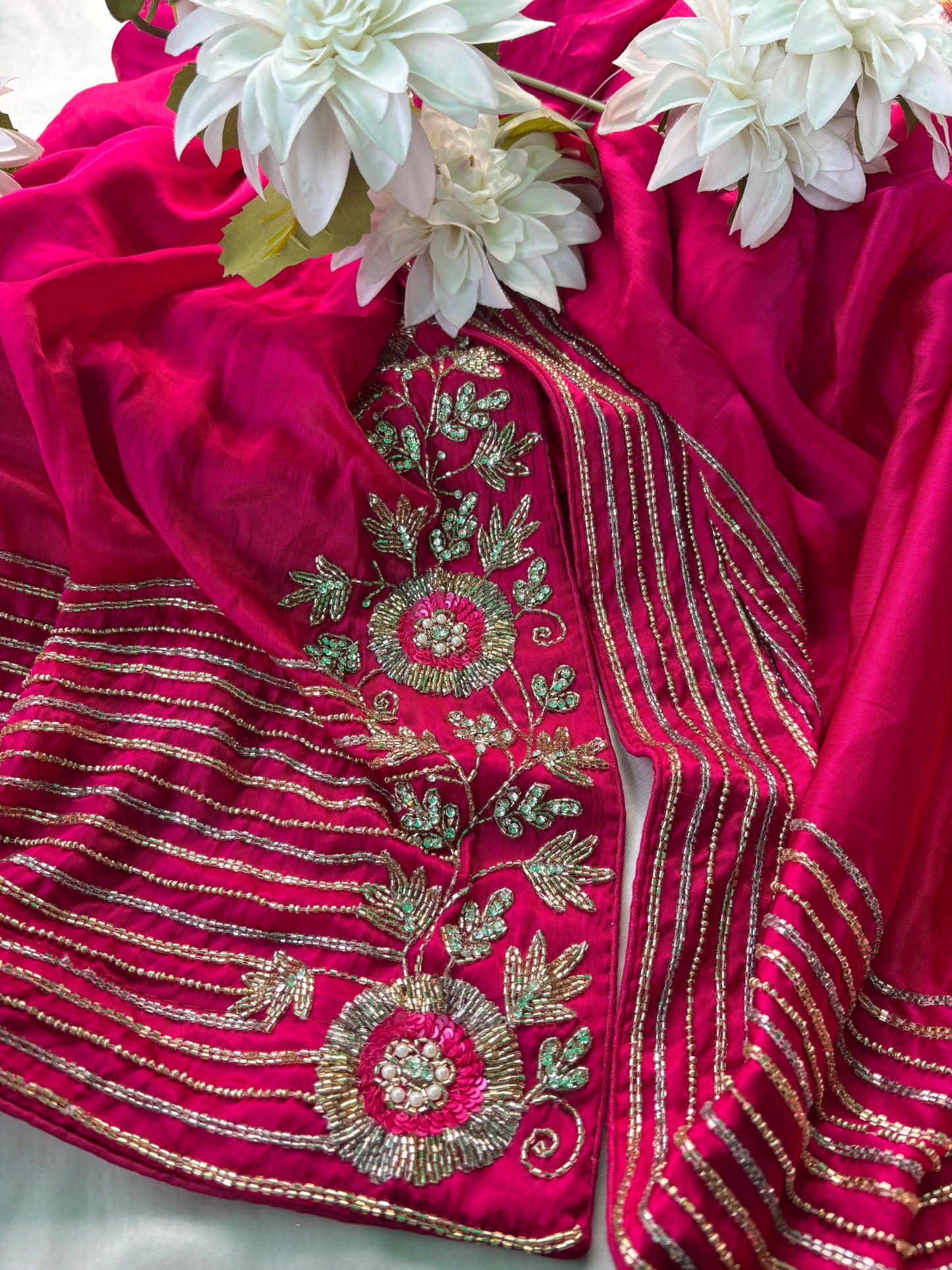 Rani Saree with Zari Stripes & Floral Embroidered Border