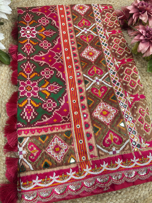 Rani Patola Silk Designer Saree With Pearl & Zarkan Work