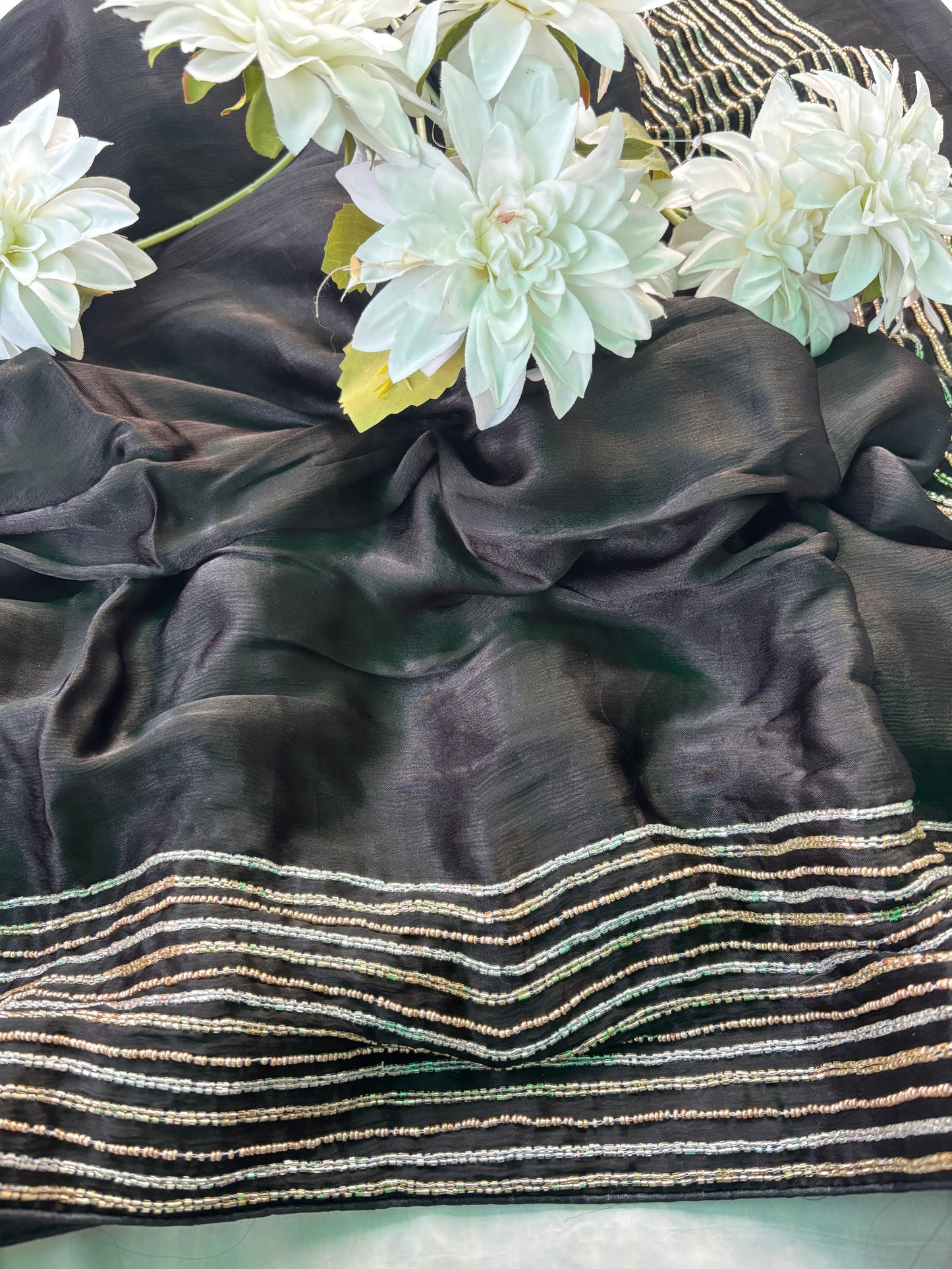 Black Saree with Zari Stripes & Floral Embroidered Border