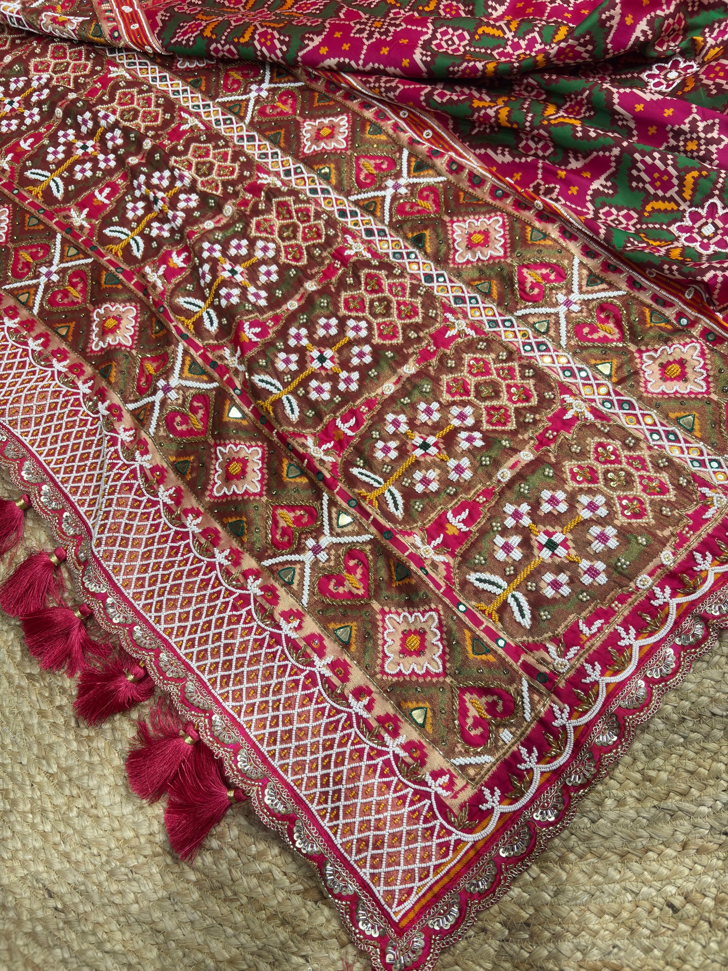 Rani Patola Silk Designer Saree With Pearl & Zarkan Work