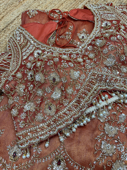 Rust Orange Heavy Zari Embroidered Designer Saree Blouse