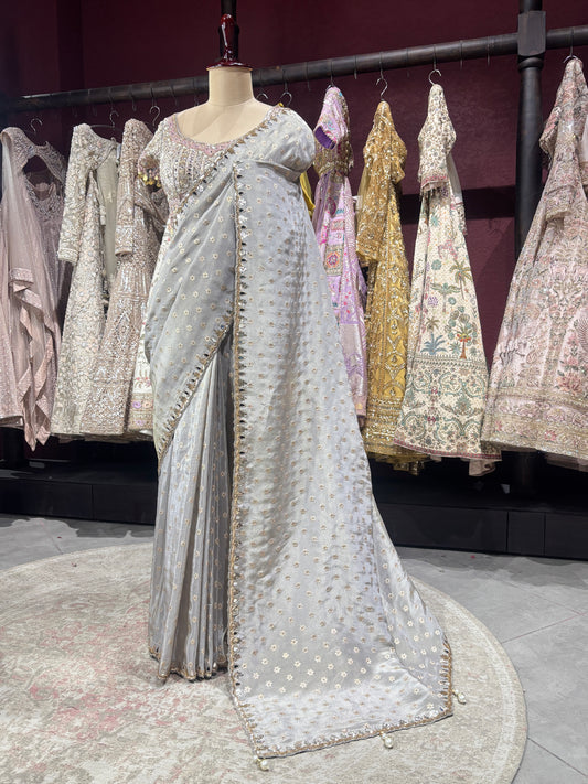 Designer Silver Gray Saree with Silver Mirror Embroidery