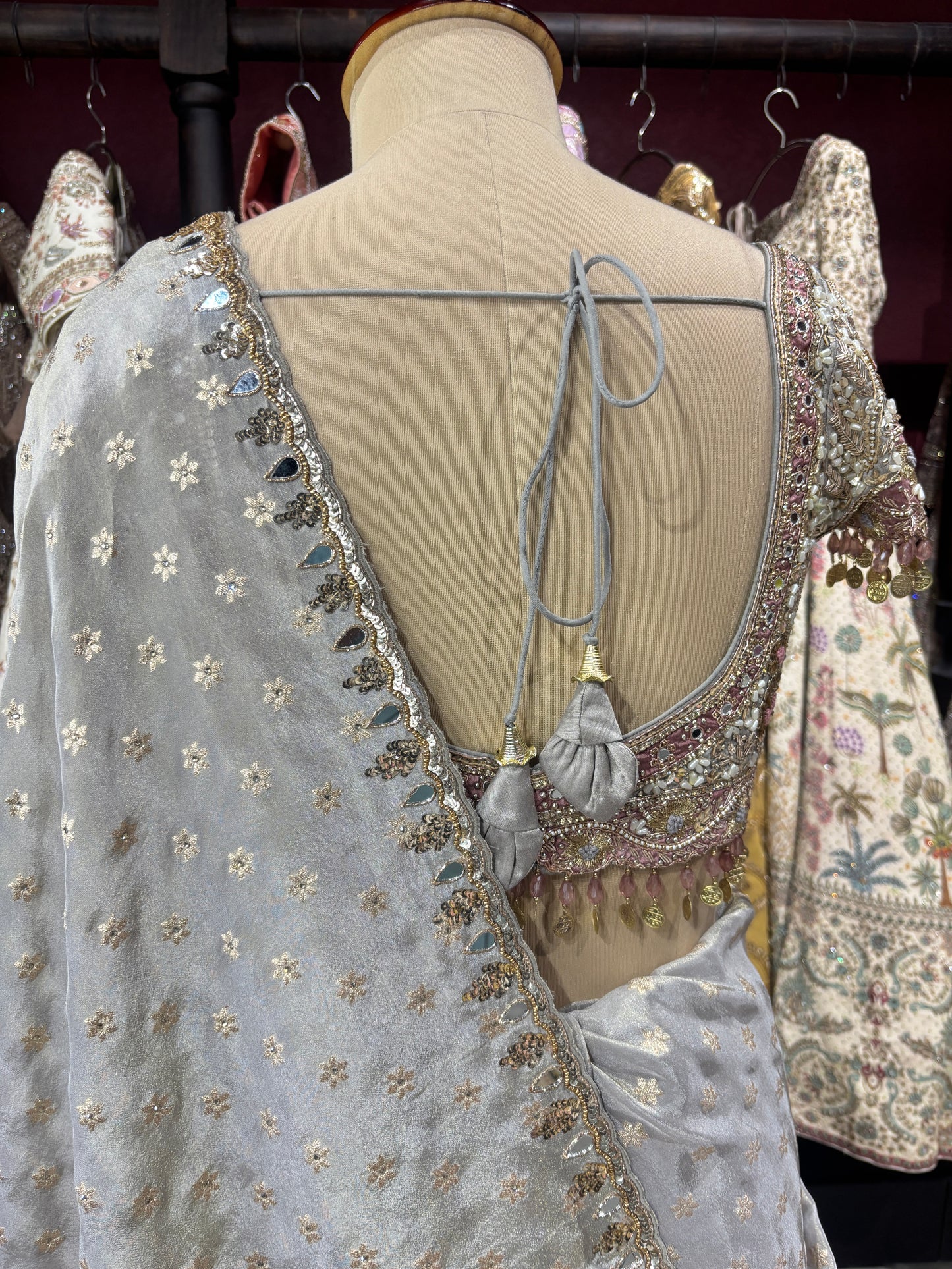 Designer Silver Gray Saree with Silver Mirror Embroidery