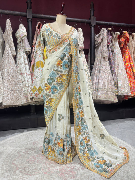 Designer Ivory Saree with Blue-Gold Floral Embroidery