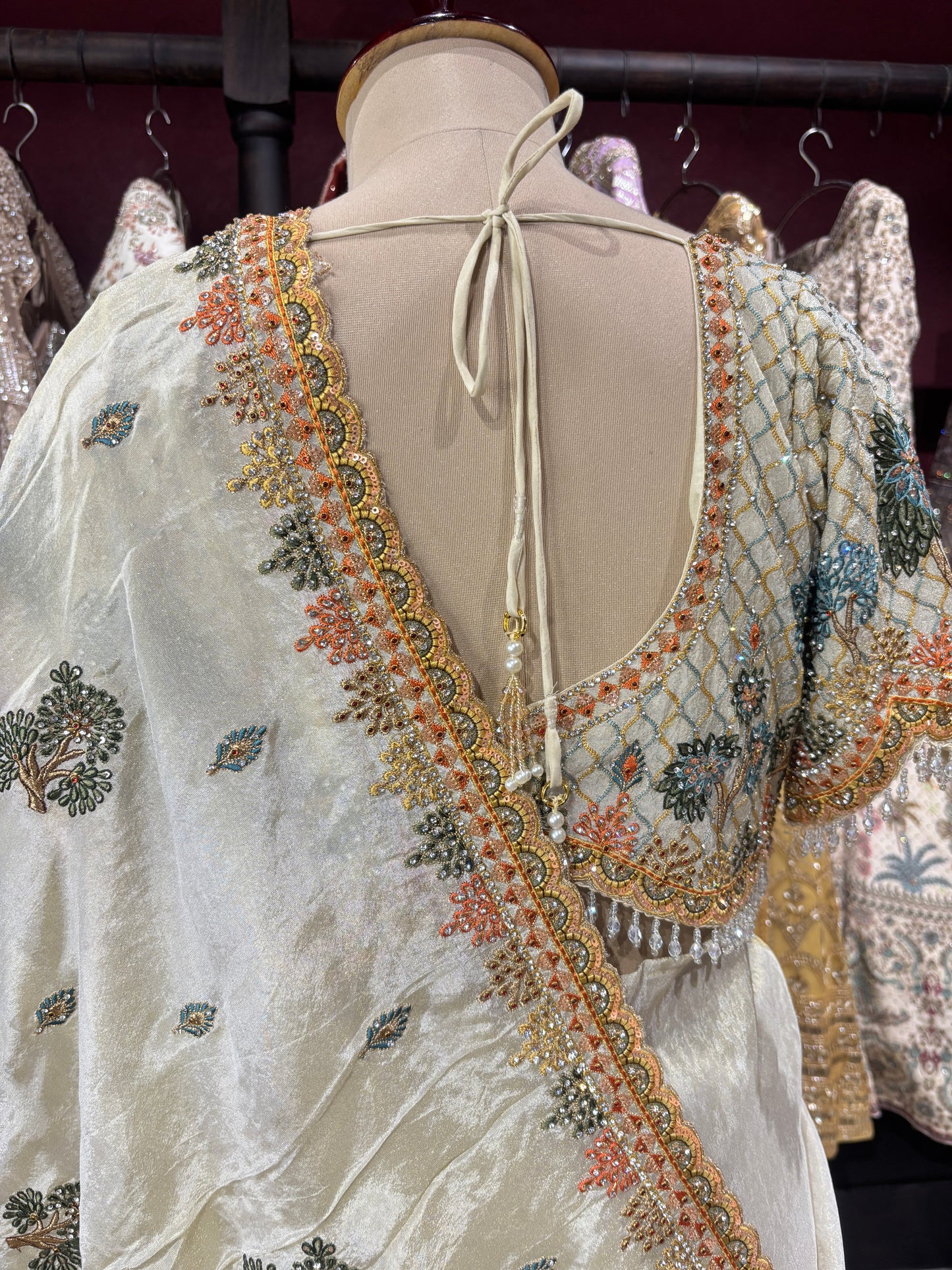Designer Ivory Saree with Blue-Gold Floral Embroidery