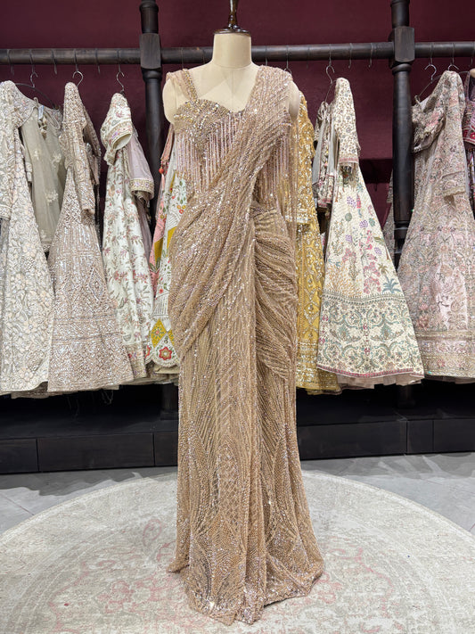 Golden Luxury Designer Drape Saree with Heavy Crystal & Sequins Work