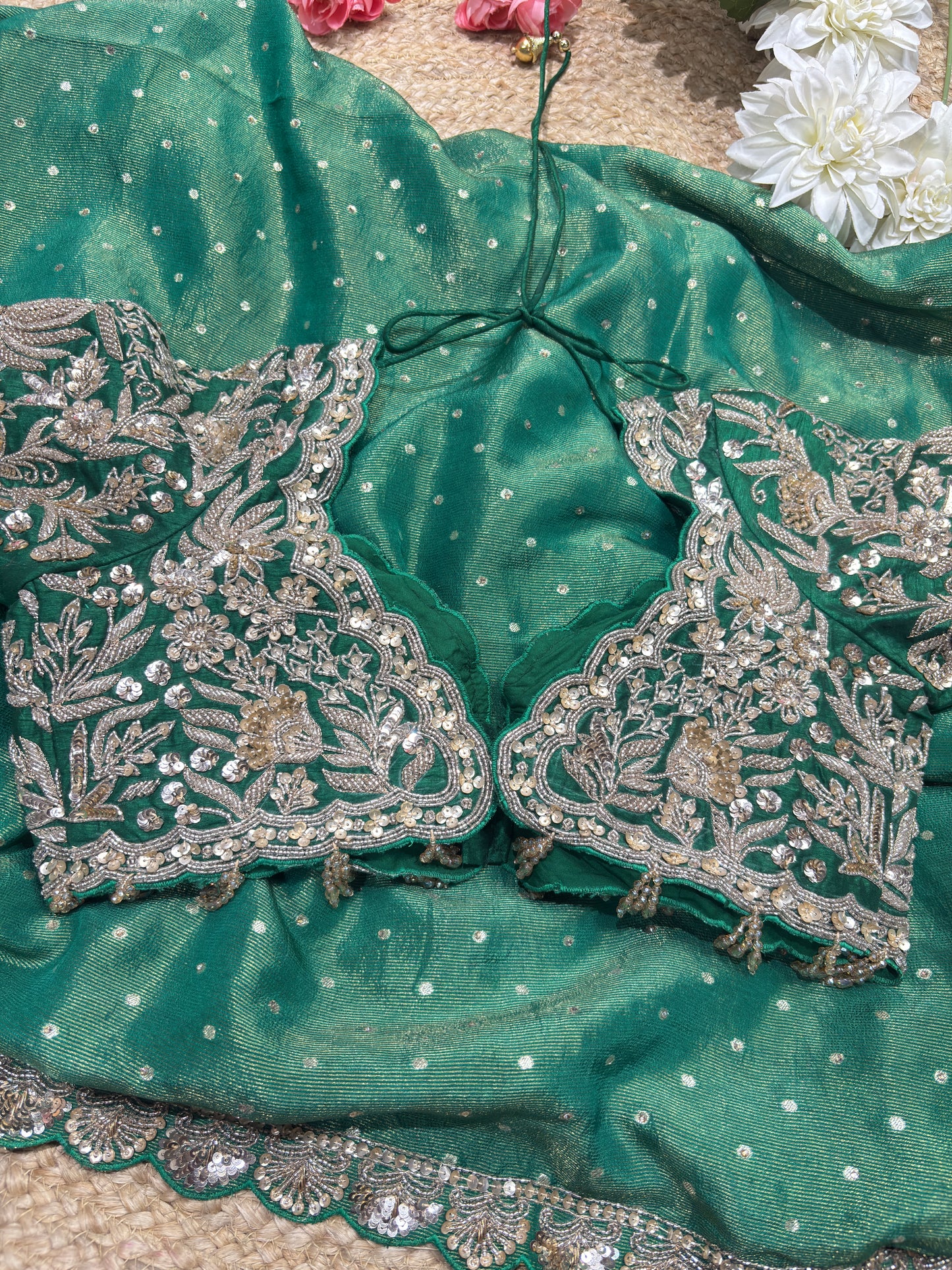 Banarasi Tissue Green Blouse with Sequin Floral Embroidery