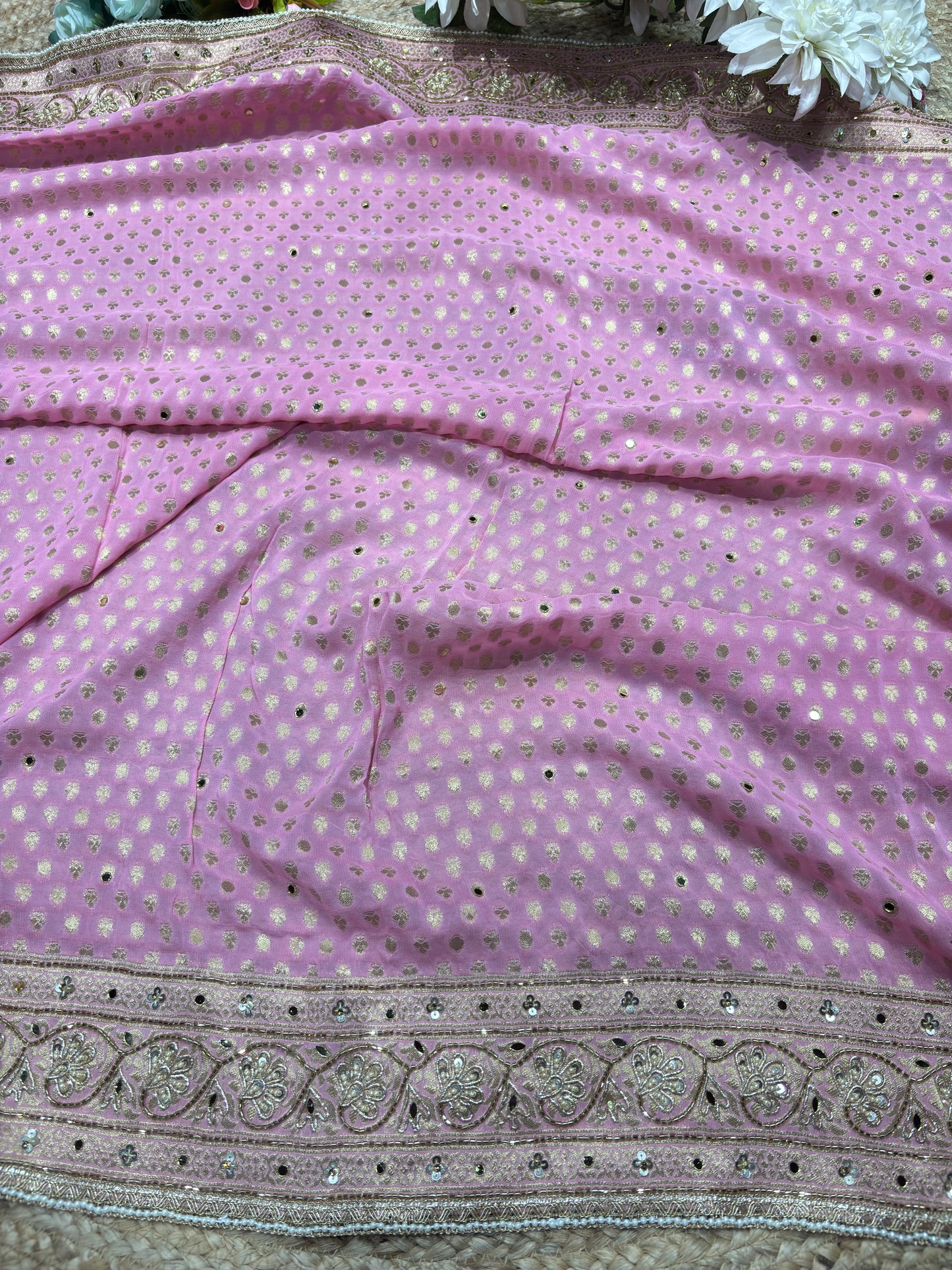 Khaddi Georgette Pink Blouse with Gold Sequin Embroidery