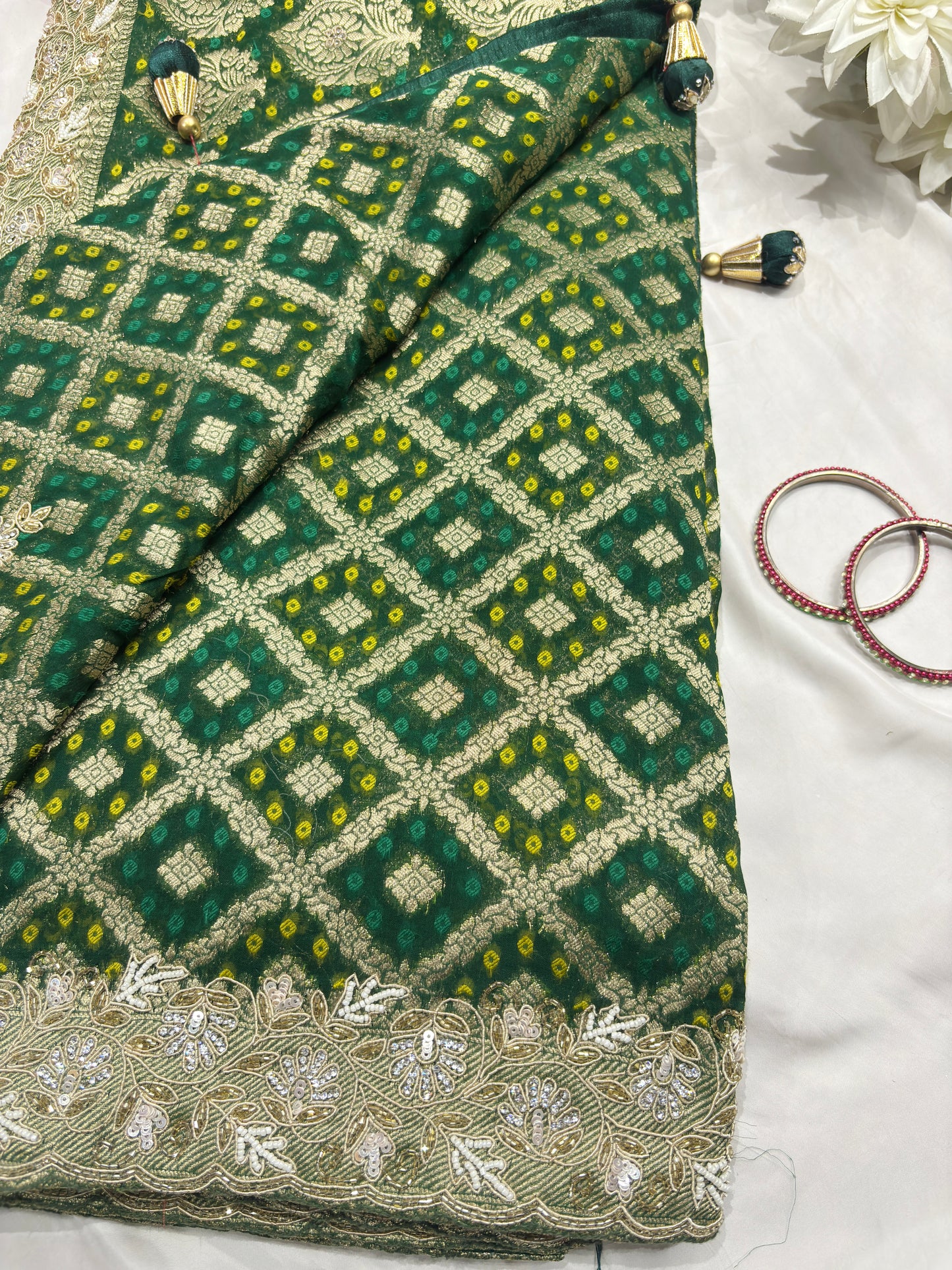 Green Pure Khaddi Georgette Saree with Golden Floral Embroidery