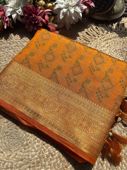 Yellow Patola Banarasi Silk Saree with Antique Gold & Green Zari Weaving