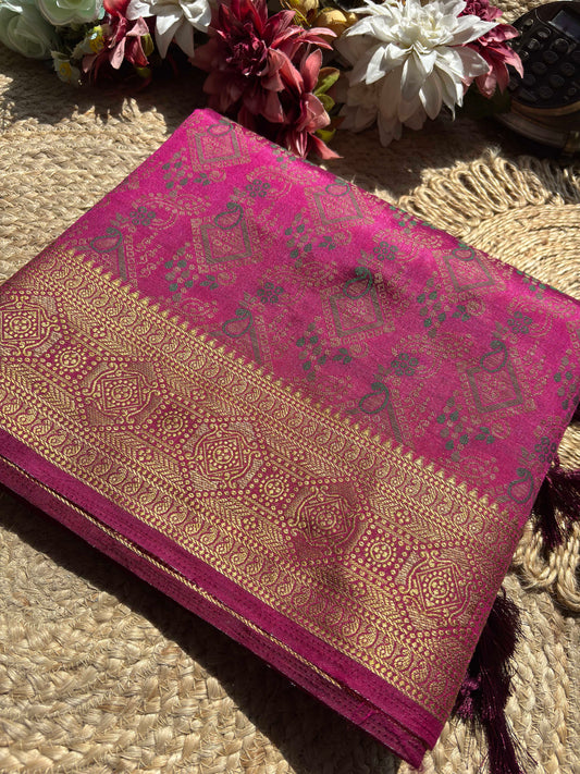 Fuchsia Pink Patola Banarasi Silk Saree with Antique Gold Zari Weaving