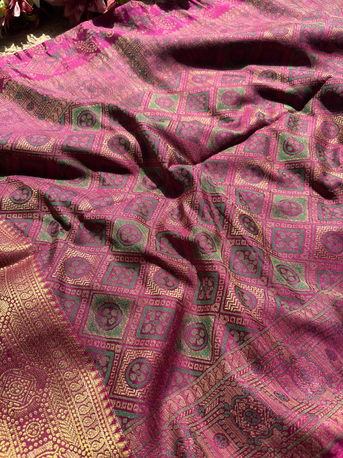 Fuchsia Pink Patola Banarasi Silk Saree with Antique Gold Zari Weaving