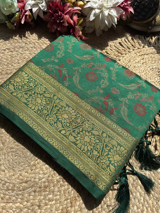 Emerald Green Banarasi Patola Silk Saree with Antique Gold Zari Floral Weaving