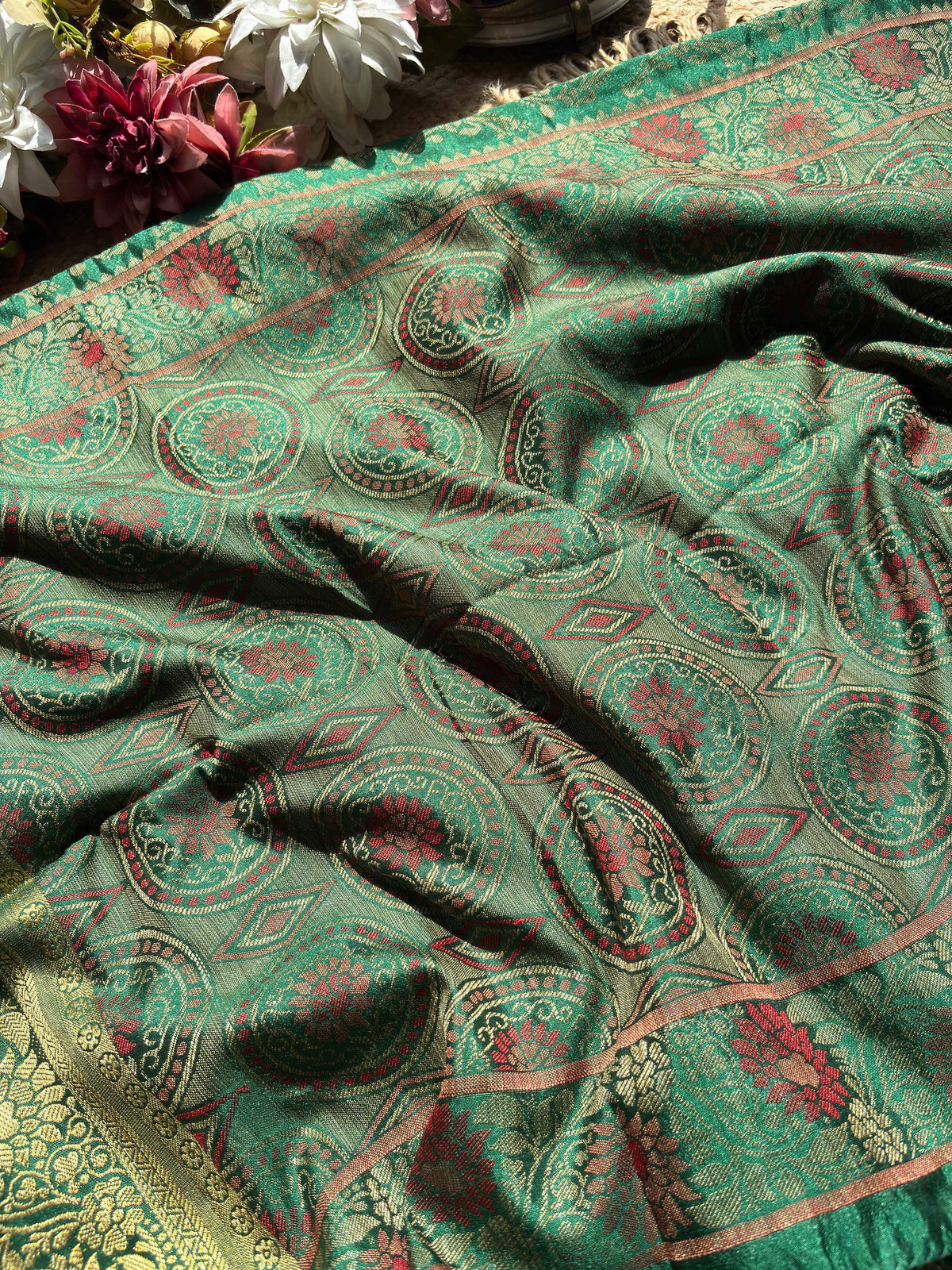 Emerald Green Banarasi Patola Silk Saree with Antique Gold Zari Floral Weaving