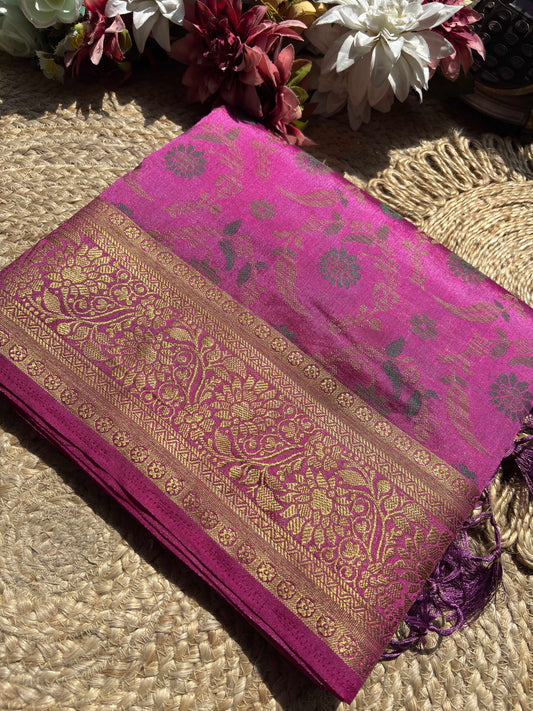 Magenta Pink Banarasi Patola Silk Saree with Antique Gold Zari Floral Weaving