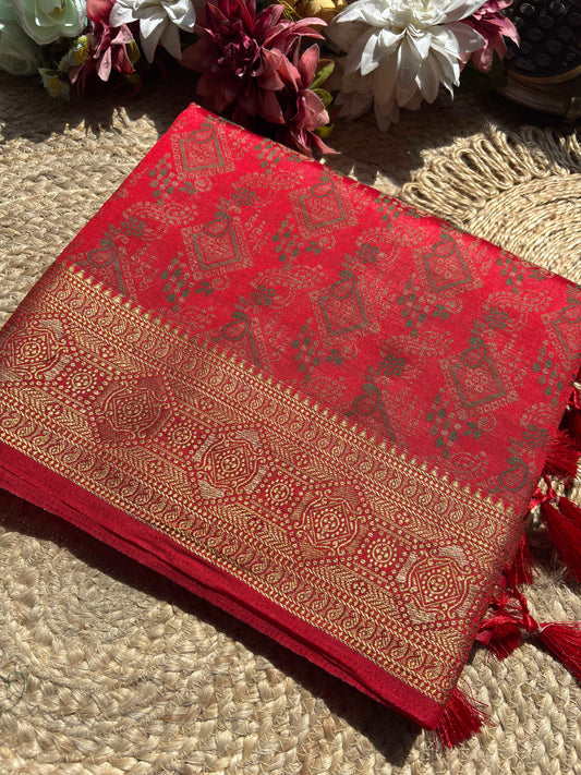 Scarlet Red Banarasi Patola Silk Saree with Antique Gold Zari Weaving