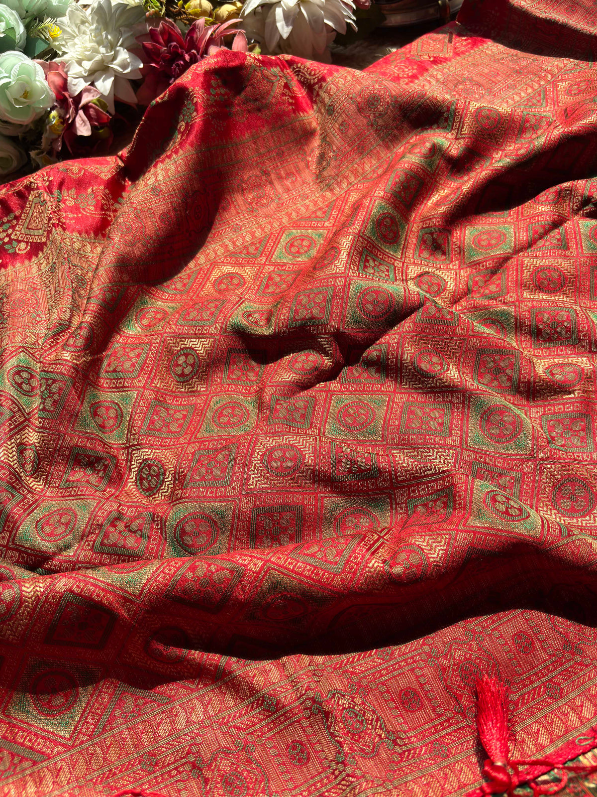 Scarlet Red Banarasi Patola Silk Saree with Antique Gold Zari Weaving