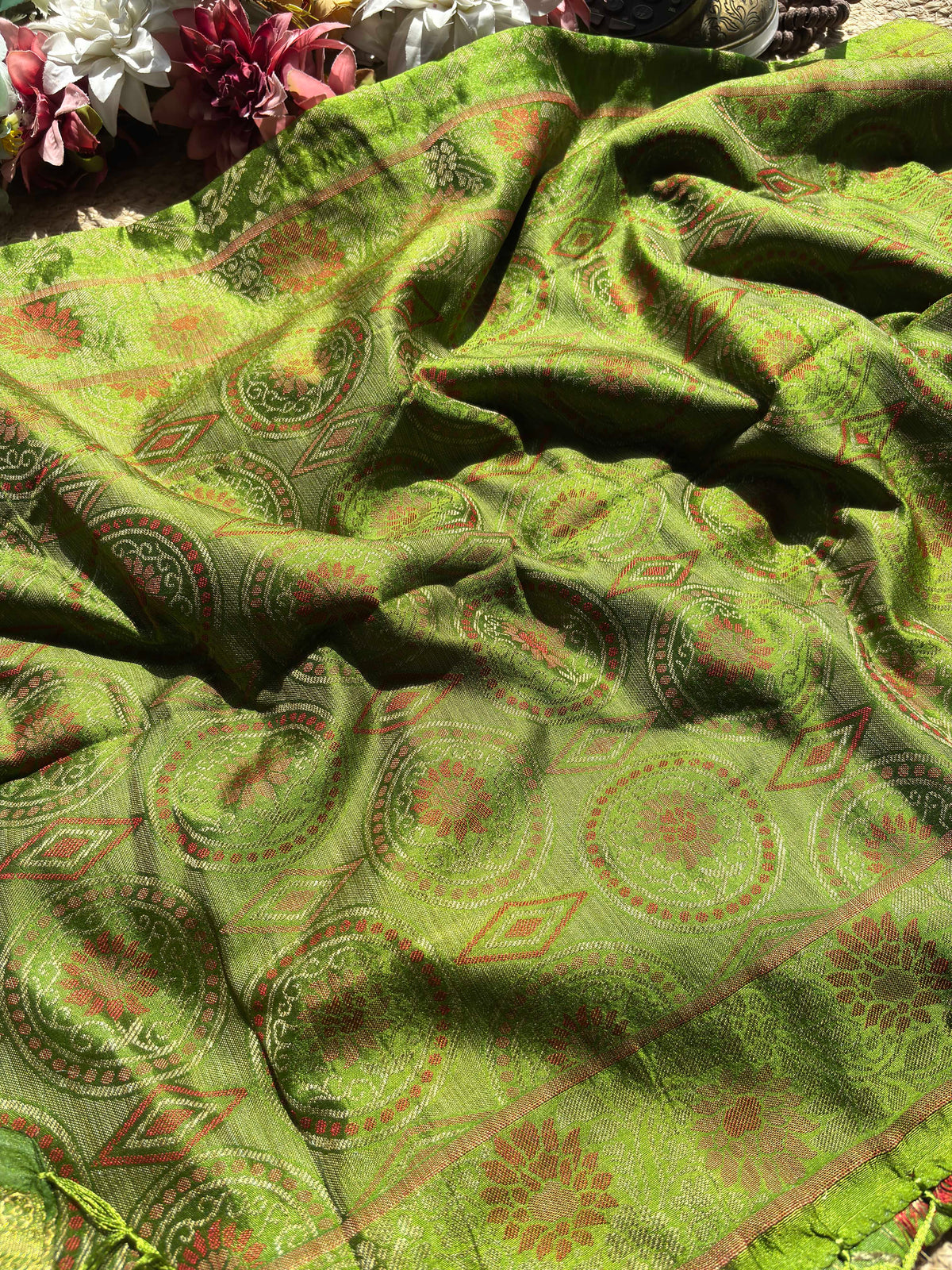 Parrot Green Banarasi Patola Silk Saree with Antique Gold Zari Weaving