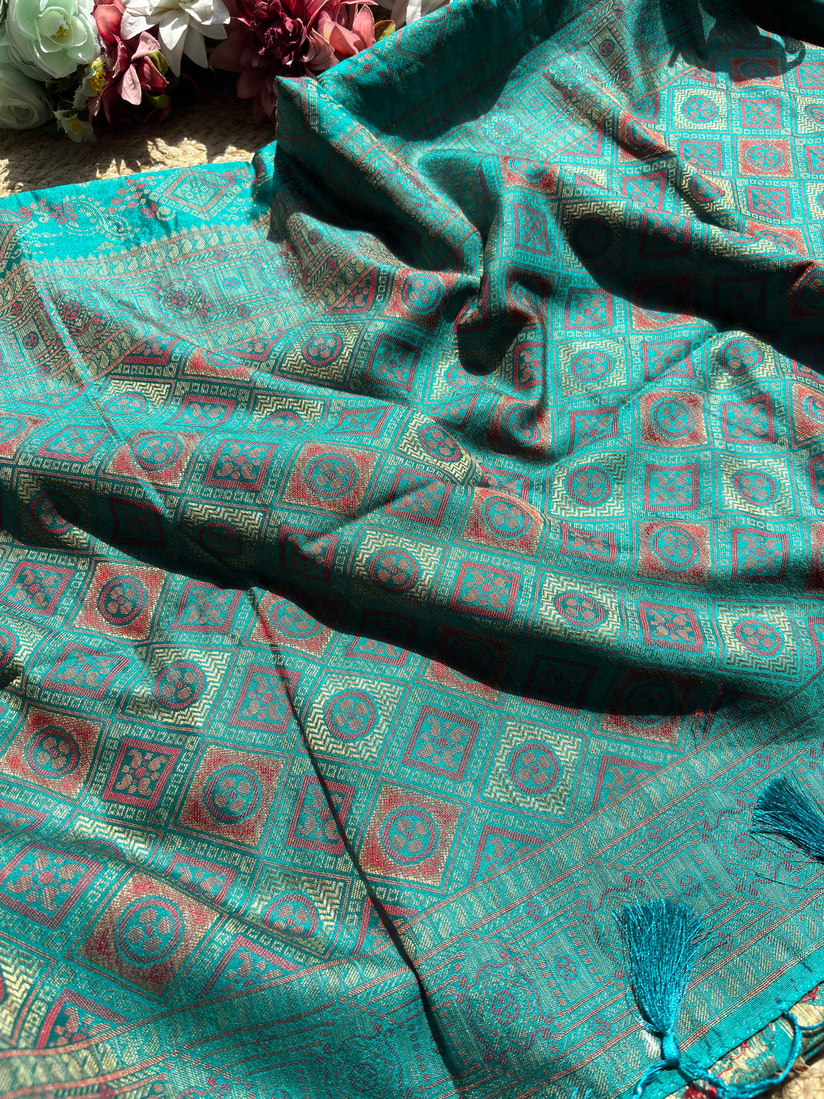 Turquoise Blue Banarasi Patola Silk Saree with Antique Gold Zari Weaving