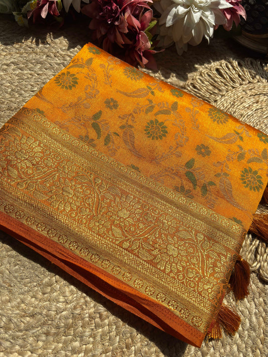 Yellow Patola Banarasi Silk Saree with Gold & Green Zari Weaving