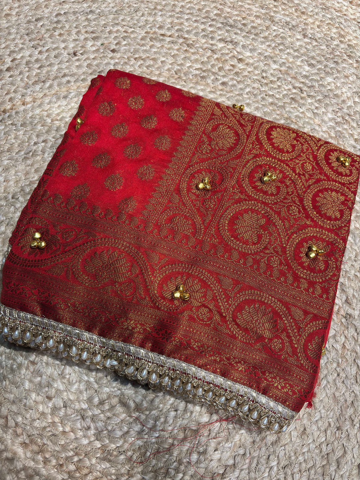 Red Banarasi Georgette Saree with Gold Zari & Bead Embellishments