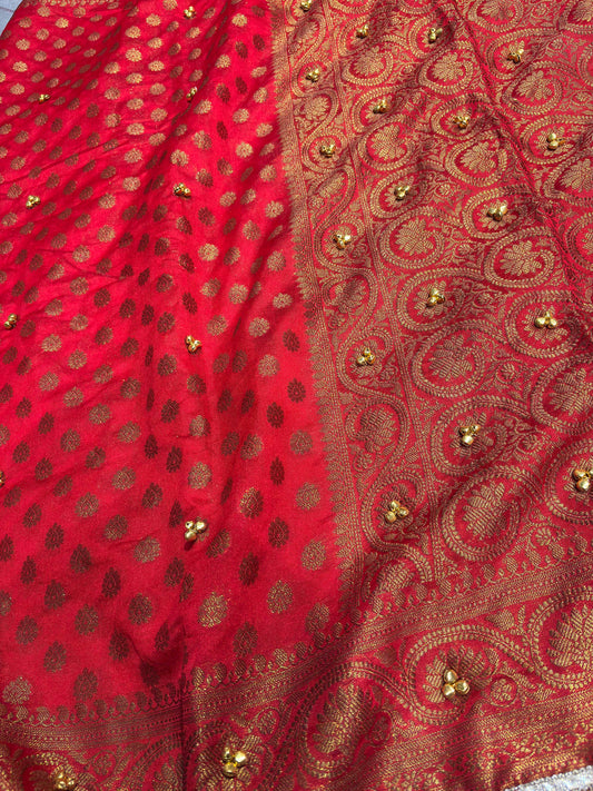 Red Banarasi Georgette Saree with Gold Zari & Bead Embellishments