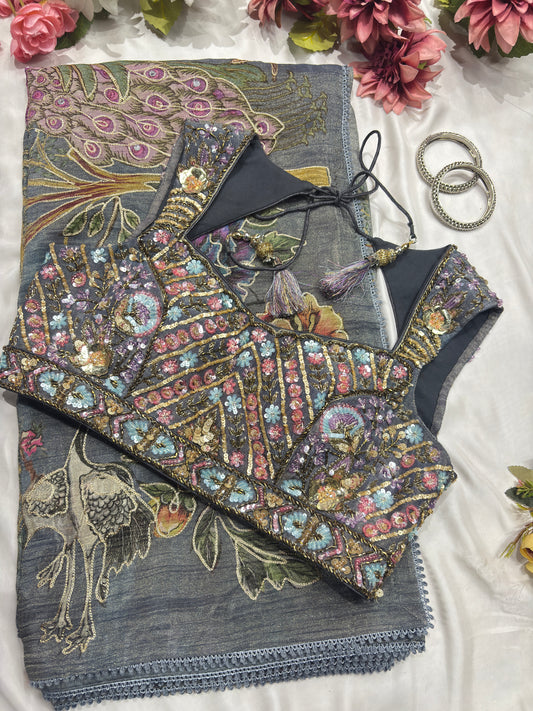 Crushed Tissue Gray Floral Print Sarees With Designer Blouse