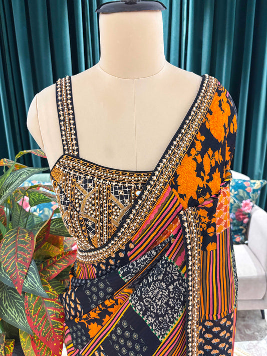 Multicolor Patchwork Printed Saree With Golden Border