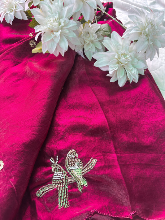 Rani Designer Saree with Handcrafted Bird Motifs