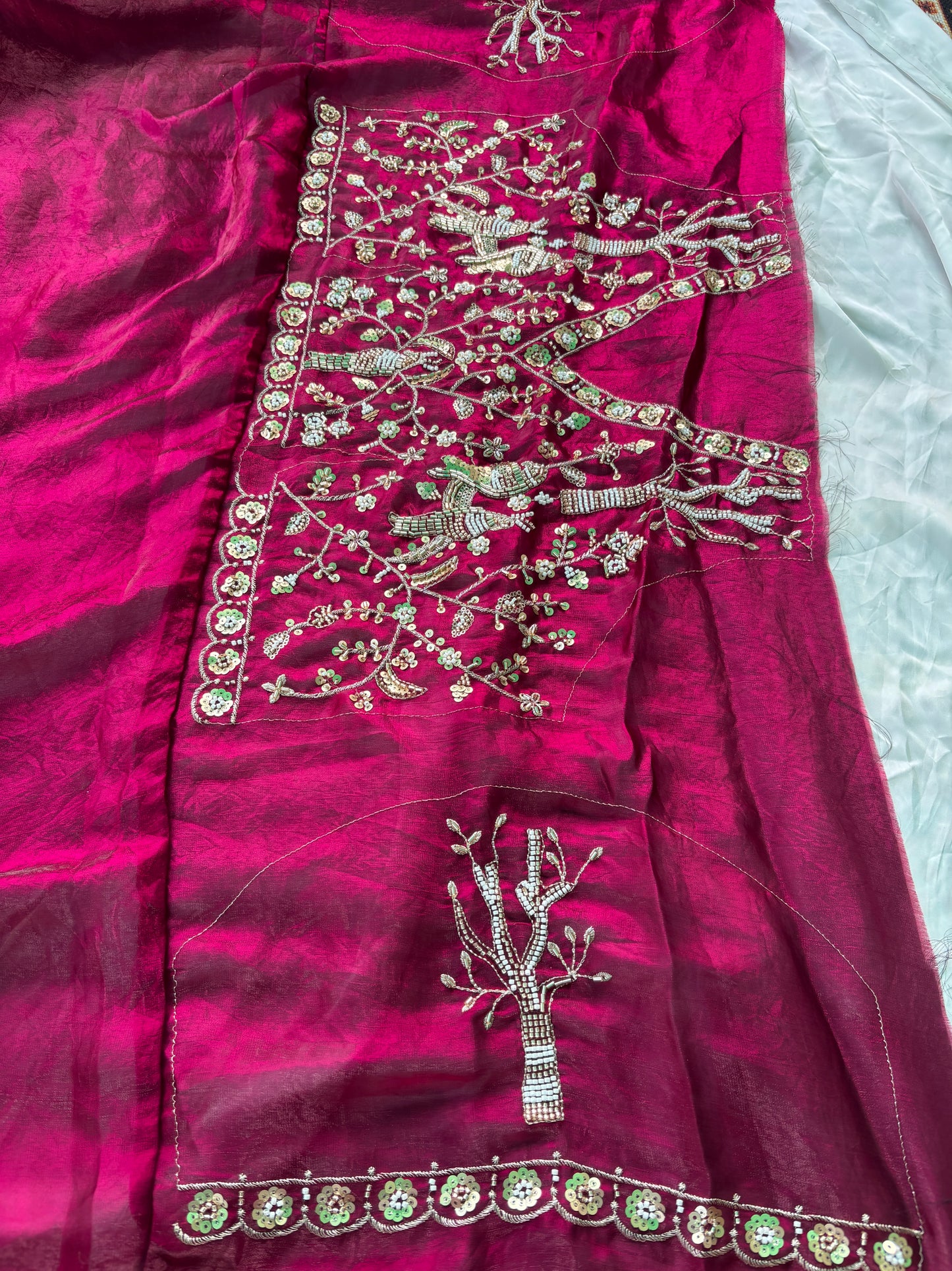 Rani Designer Saree with Handcrafted Bird Motifs