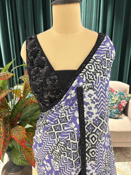 Lavender Ikat Print Saree With Black Border And Blouse Piece