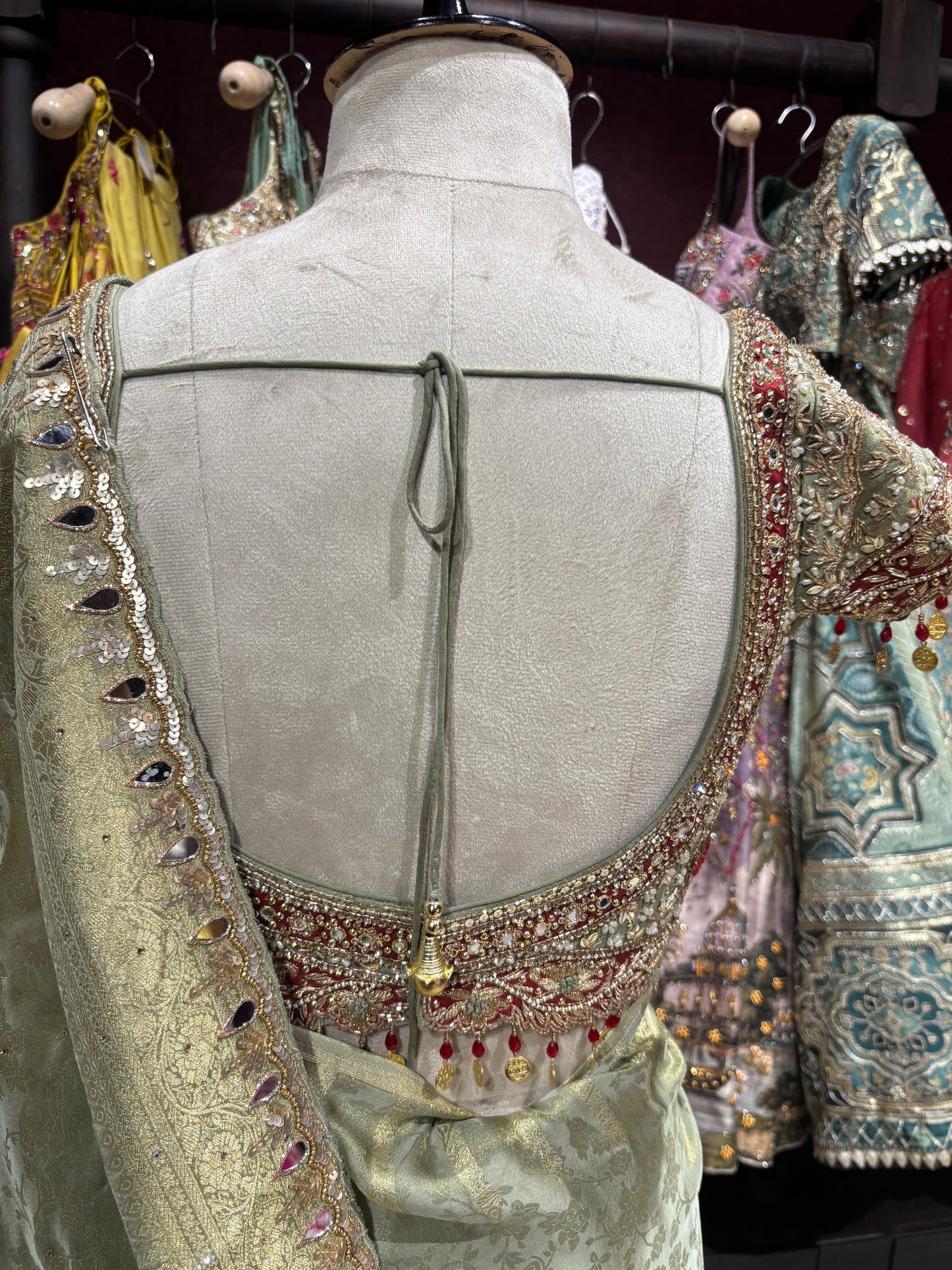Sage Green Saree with Ornate Embroidery & Designer Blouse
