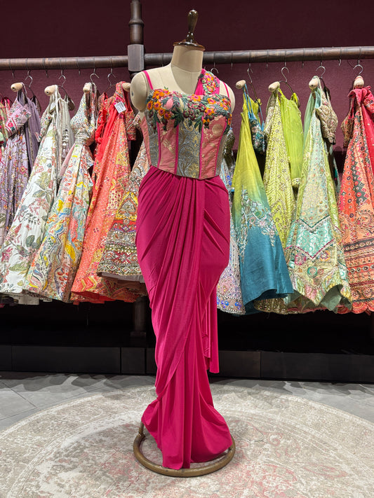 Hot Pink Drape Saree with Floral Embroidered Designer Blouse