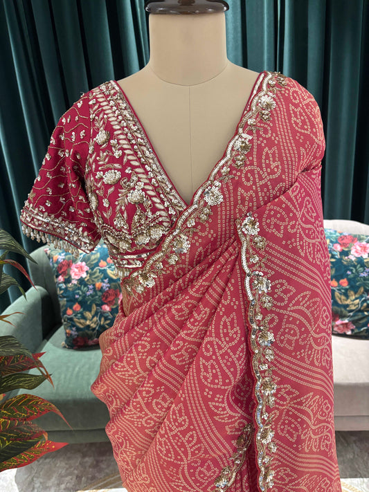Dusty Rose Bandhani Saree with Embroidered Border