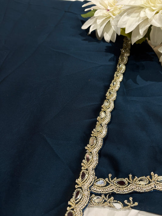 Navy Blue Laser Tissue Saree with Handcrafted Stone & Pearl Border