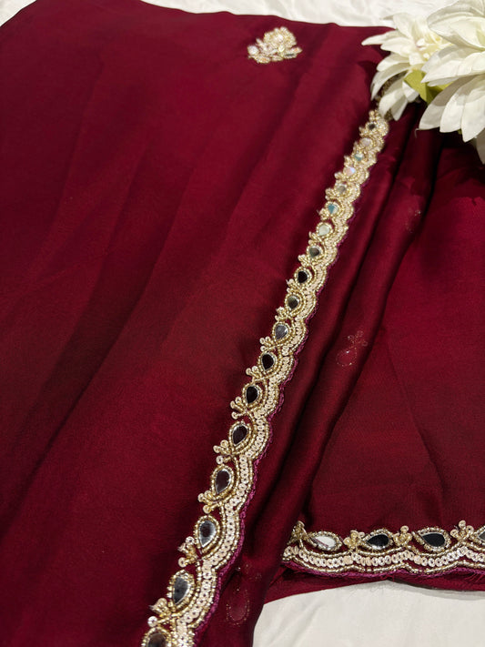 Rust Laser Tissue Saree with Handcrafted Stone & Pearl Border