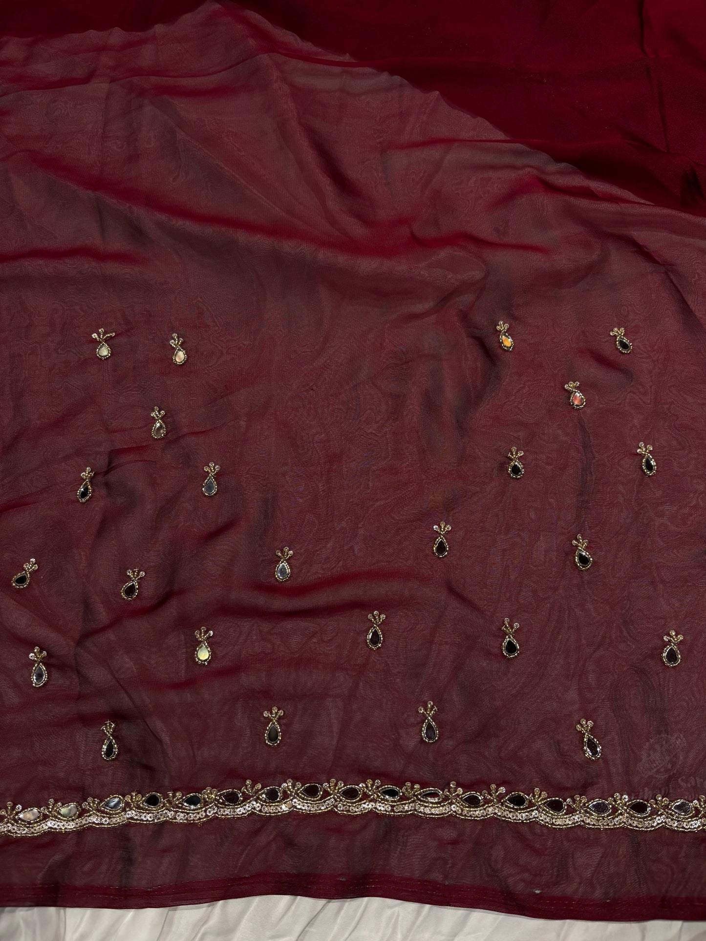 Rust Laser Tissue Saree with Handcrafted Stone & Pearl Border
