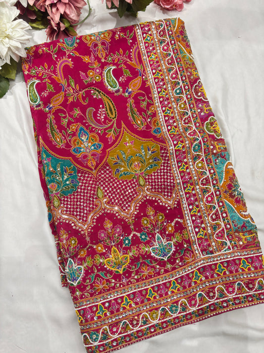 Silk Rani Pink Designer Embroidered Saree with Heavy Work Blouse