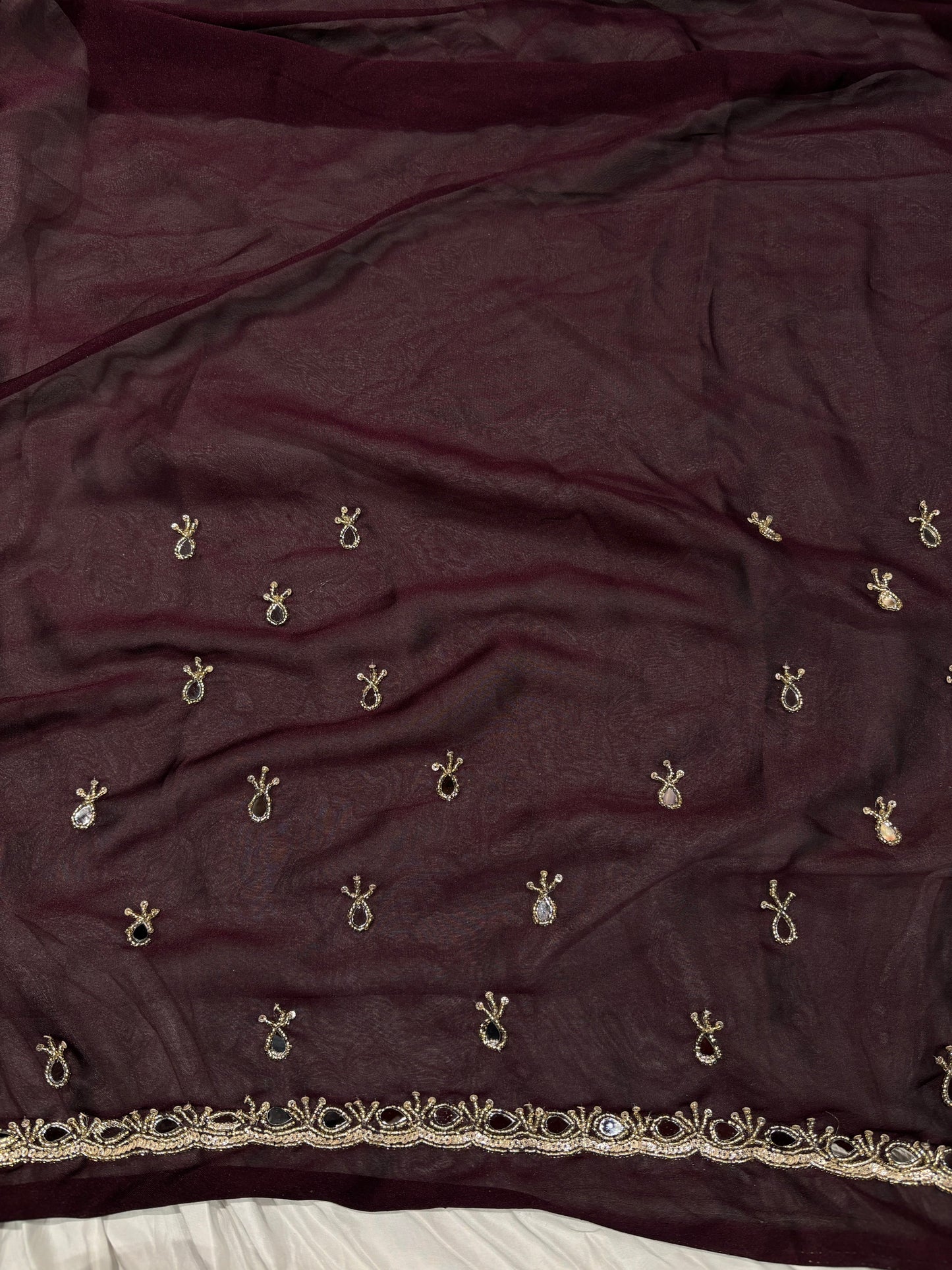 Maroon Laser Tissue Saree with Handcrafted Stone & Pearl Border