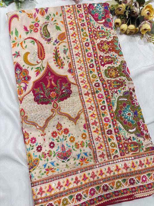 Silk Cream Designer Embroidered Saree with Multicolor Floral Work Blouse
