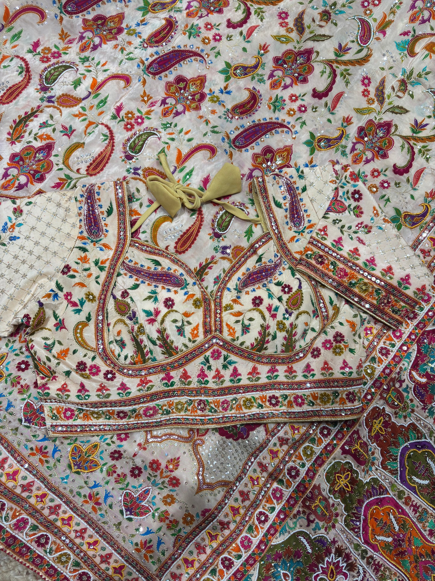 Silk Cream Designer Embroidered Saree with Multicolor Floral Work Blouse